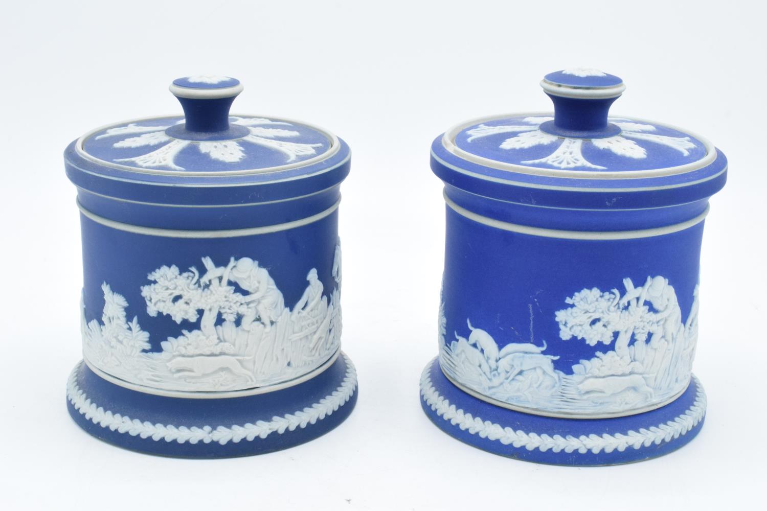 A collection of Adams of Tunstall blue jasperware to include 2 bulbous vases with threaded rims - Image 2 of 5