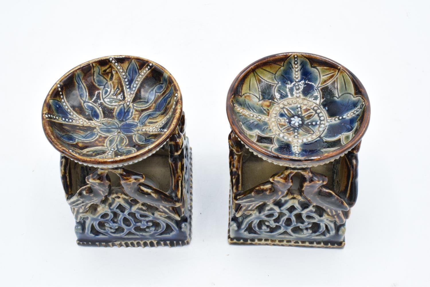 A near pair of Doulton Lambeth table salts with a bird design, circa 1876 with marks to base. In - Image 3 of 6