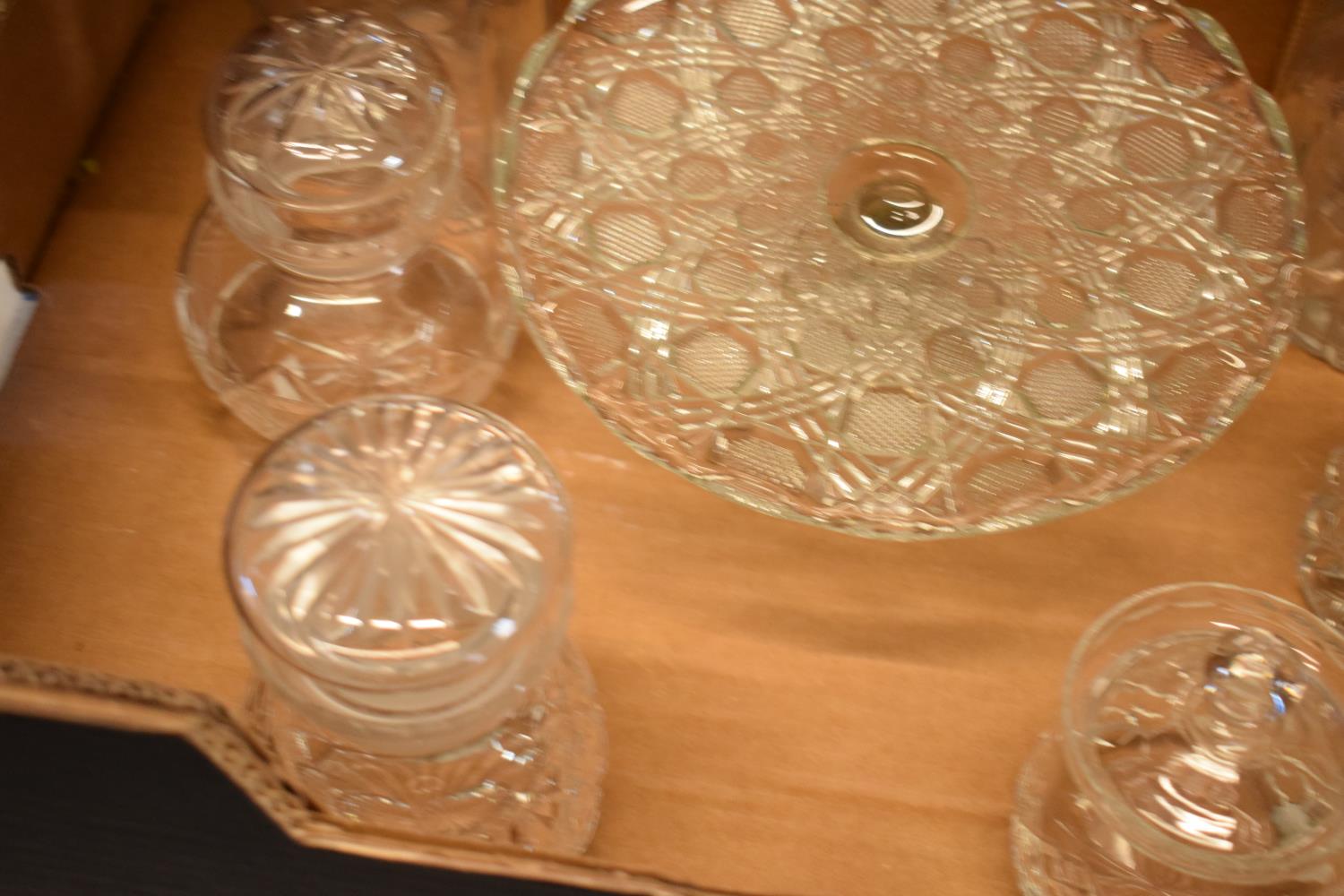 A collection of glass ware to include a pair of decanters, chutney jars, a cake stand etc. In good - Image 3 of 5