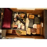 An interesting collection of items to include a leather-effect box, compacts, treen, brooches etc