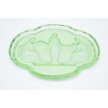 Art Deco green glass dressing table tray depicting maidens.