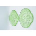 A pair of green glass dressing table trays with butterfly decoration (2). In good condition with