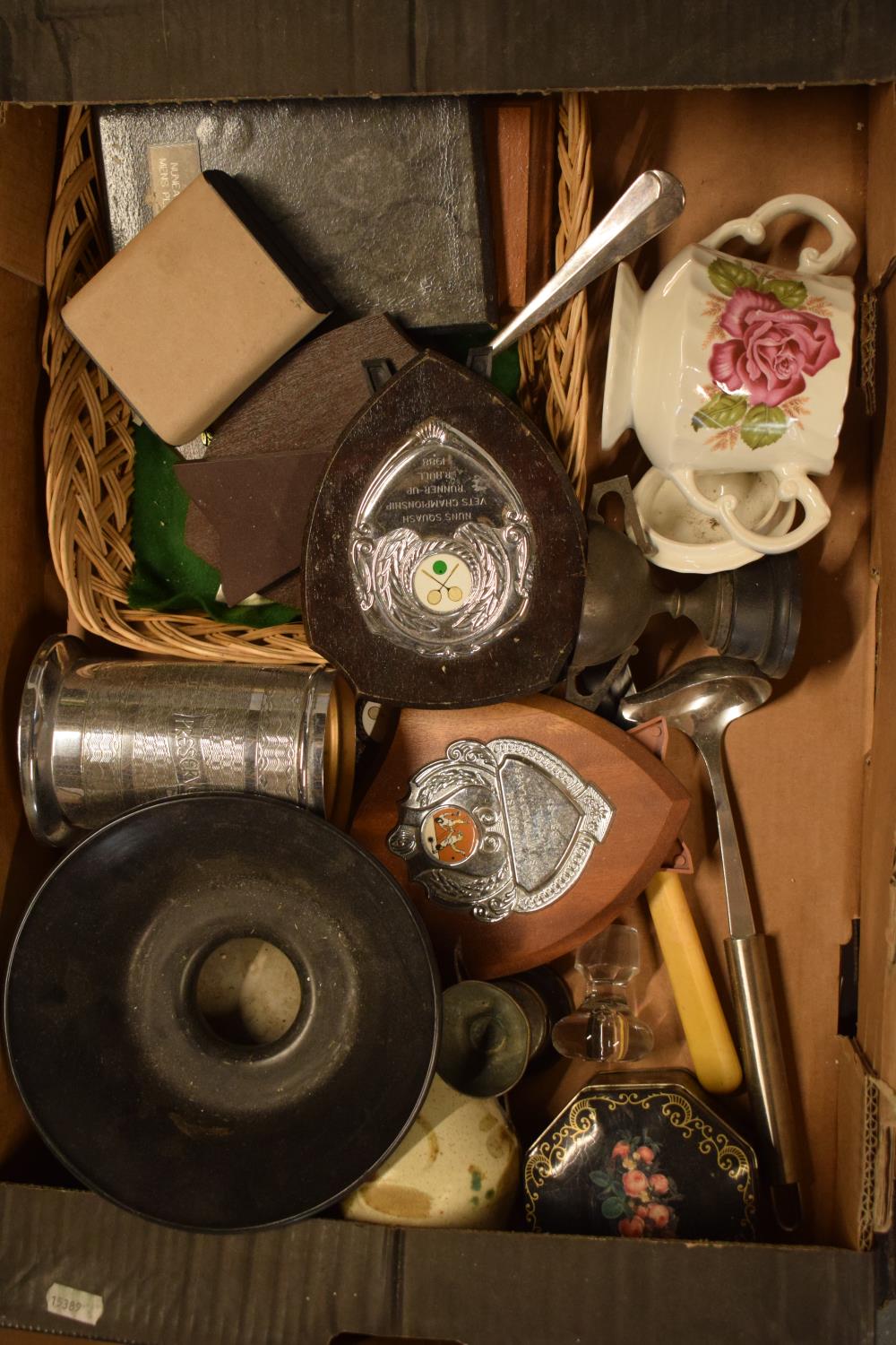 A mixed collection of items to include pottery, trophies, metalware etc. Condition is mixed. No