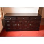 Wooden 20th century priory style sideboard. In good condition with age related wear and tear to