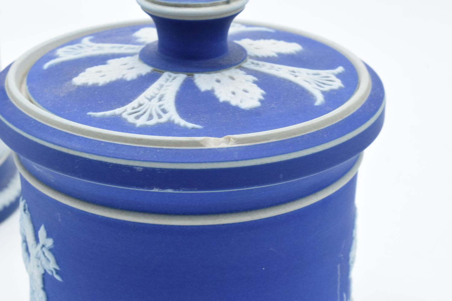 A collection of Adams of Tunstall blue jasperware to include 2 bulbous vases with threaded rims - Image 4 of 5