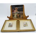 An art-deco photo wooden photo frame together with 2 embroidered pictures in wooden frames (3).