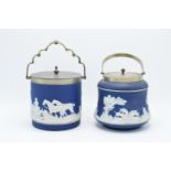 Adams of Tunstall dark blue jasperware biscuit barrels both with silver plate rims and lids (2).