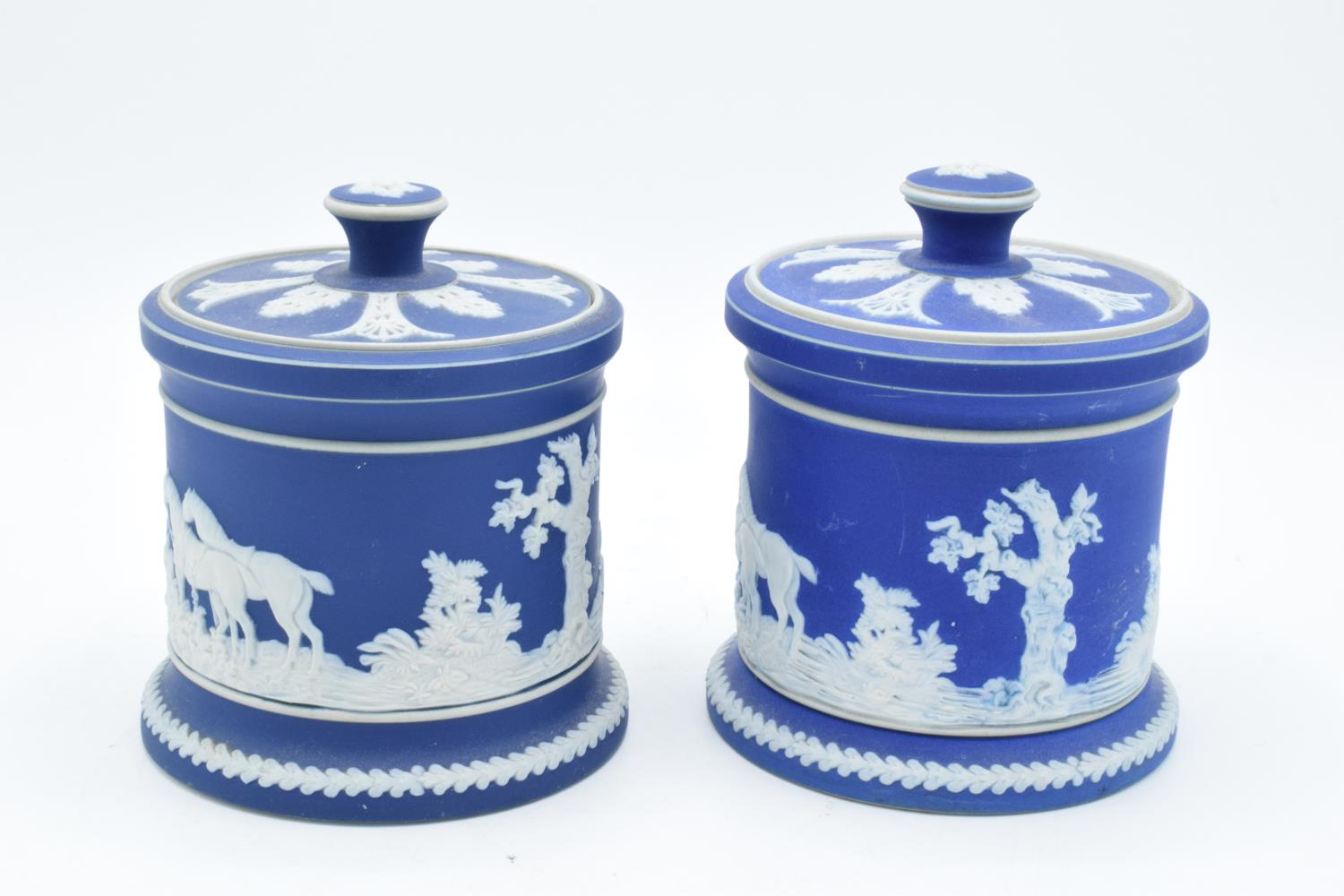 A collection of Adams of Tunstall blue jasperware to include 2 bulbous vases with threaded rims - Image 3 of 5