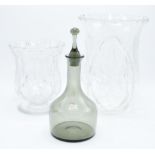 A pair of lead crystsal glass vases together with a Orrefors smoky glass decanter (3). In good