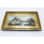 Victorian hand painted tile in later frame: Riverscape with swan, measures 40cm x 24cm including