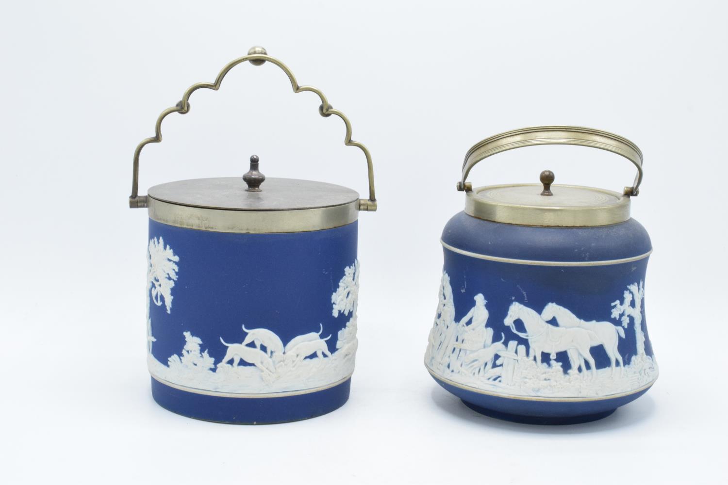 Adams of Tunstall dark blue jasperware biscuit barrels both with silver plate rims and lids (2). - Image 2 of 3