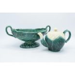 Wedgwood majolica style cauliflower teapot together with a Wedgwood Cabbage ware style twin-