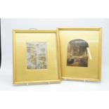 Antique George Baxter prints in gilt frames depicting scenes of a Lady praying in a chapel and