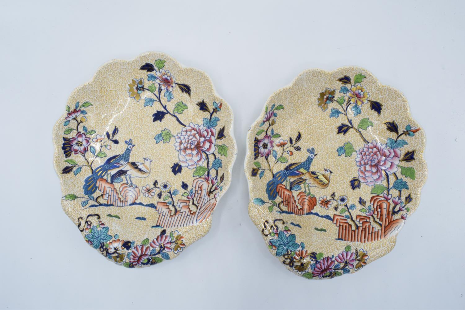 Spode pair of Peacock and Peony shell dishes (2). In good condition, light scratches and signs of