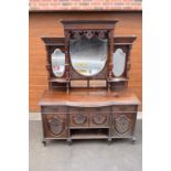 Edwardian large carved oak mirror backed sideboard. 178 x 64 x 224cm height. In good functional
