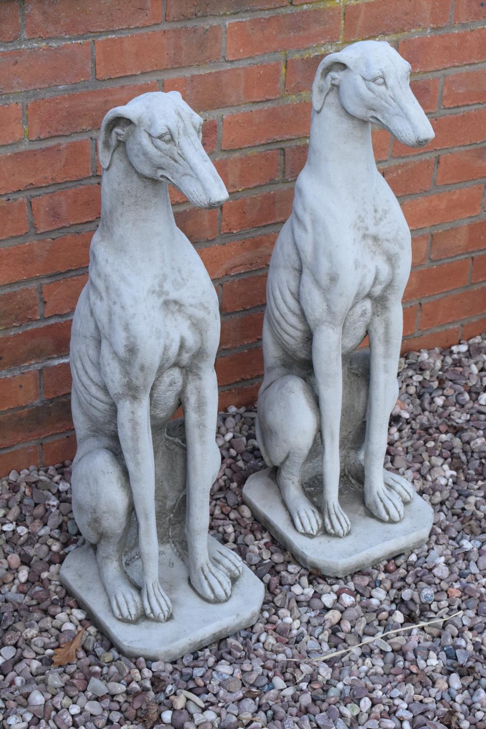 Reconstituted stone large models of greyhounds. 75cm tall. Made in England, these items are frost