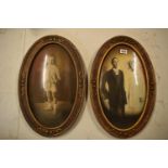 A pair of Edwardian oval frames with scenes depicting a child and a couple. 58cm tall.