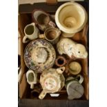 A good collection of mainly 19th century pottery to include a Dartmouth urn, Staffordshire dogs,