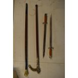 A collection of modern/ reproduction items to inlucde a walking stick with brass ball knob, a