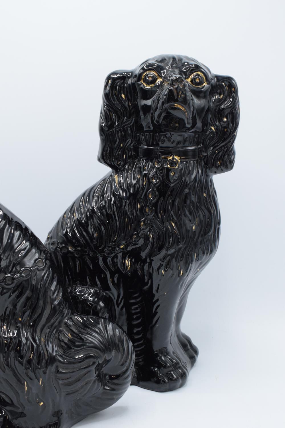 A pair of 20th century large Staffordshire dogs in a black gloss colourway with some gold highlights - Image 3 of 4