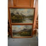 A pair of oils on canvases depicting highland cattle amongst mountainous scenes both signed by E