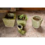 A collection of vintage garden planters to include a square examples, a circular pot and a plastic