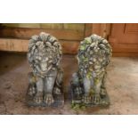 A pair of heavy late 20th century garden lions sat in an upright position (2).