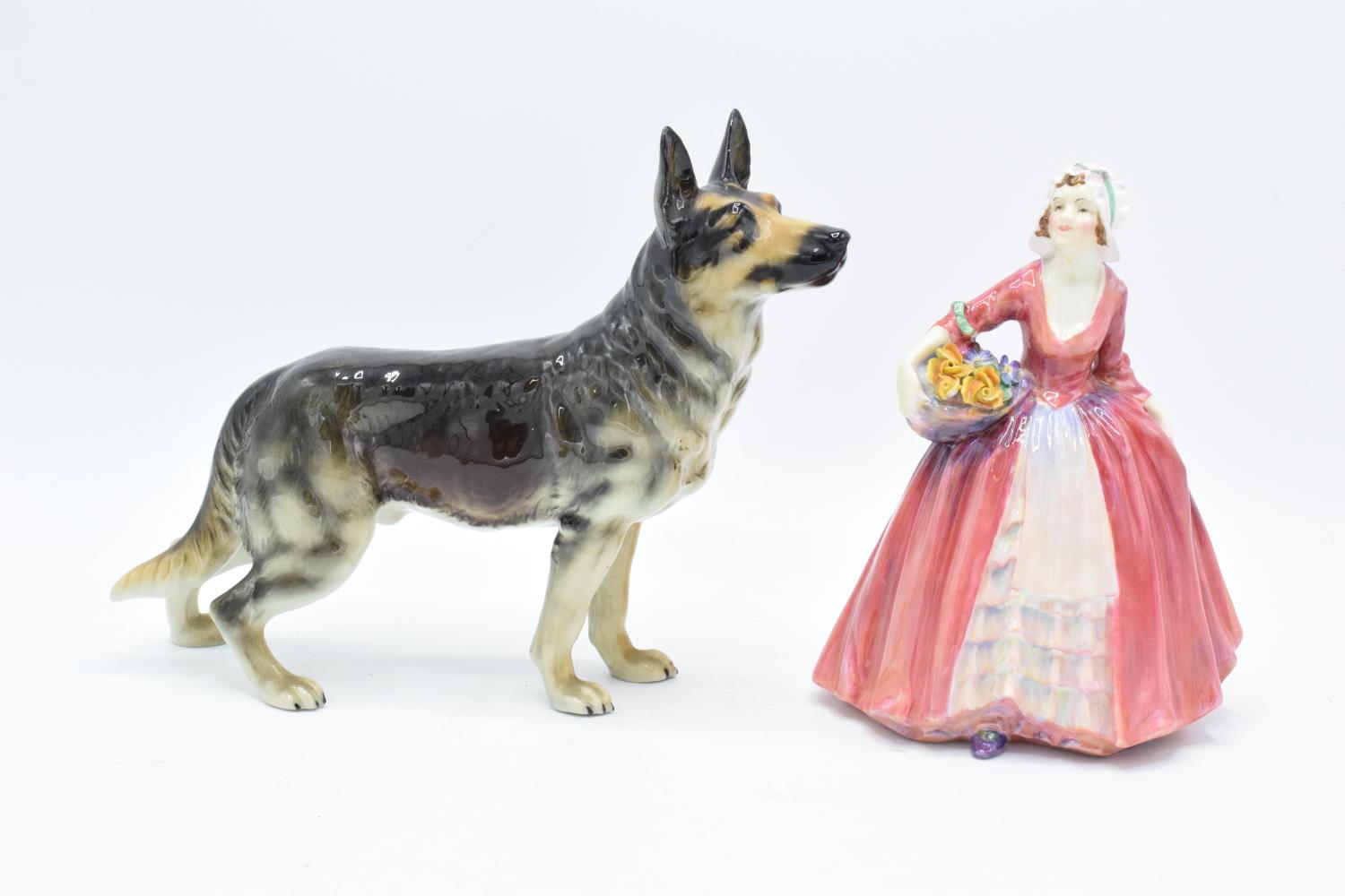 Royal Doulton lady figure Janet Hn1537 and Goebel German Shepherd CH618 (2). In good condition