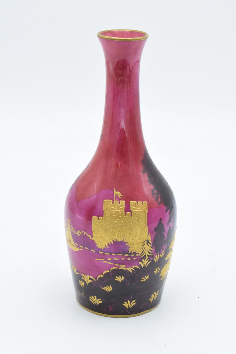 20th century handpainted china vase by Peter Smith with raised gilding decoration featuring a castle