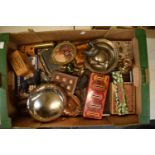 A mixed collection of items to include silver plate, brass, novelty oil lamp, games, tins, wooden