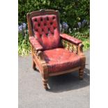 Late Victorian walnut gentleman's Chesterfield style library chair with button back leather