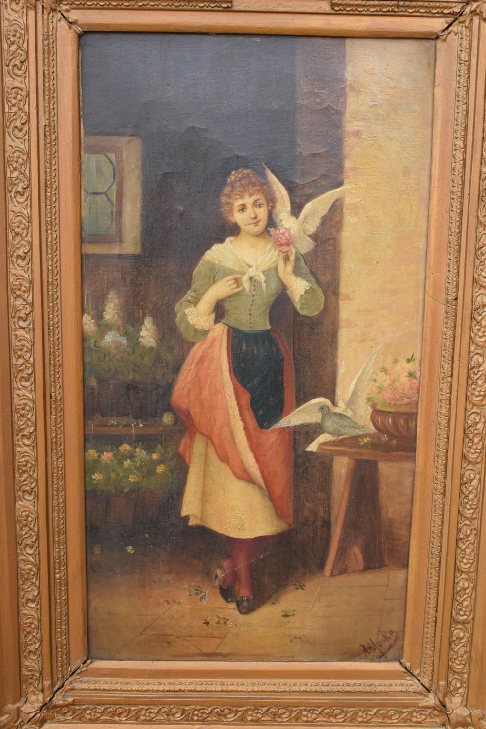 A pair of 19th century oil paintings on canvas depicting pretty ladies in room settings. - Image 4 of 14