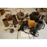 A mixed collection of items to include 2 late Victorian/ early 20th century copper kettles, one with