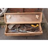 A wooden 20th century tool chest to include the contents including tools etc. NO POSTAGE.