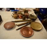 A mixed collection of metalware to include copper kettles, sprayers, gong, Lombard arts and crafts