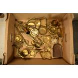 A mixed collection of brass to include a novelty shoe, figures, letter openers, ash trays,