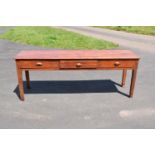 19th century stained pine farmhouse kitchen serving or preparation side table with 3 drawers. 208