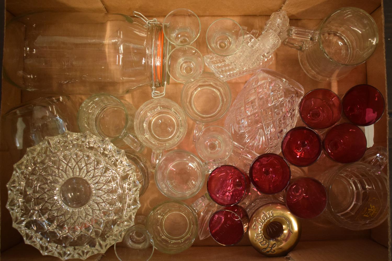 A mixed collection of glassware to include a decanter, wine glasses, cruet set etc. No postage.