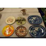 A collection of 19th and 20th century pottery to include blue and white meat plates, a Crown Derby