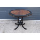 Victorian ebonised aesthetic movement octagonal centre table with brass beading and chamfered