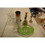 A mixed collection of items to include green glass dressing table trays, copper and silver plate