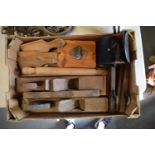 A mixed collection of items to include wooden planes, Hanimex 8x30 binoculars in case, vintage