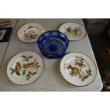 A collection of Spode plates in the British Bird Series design x 4 together with a blue glass bowl