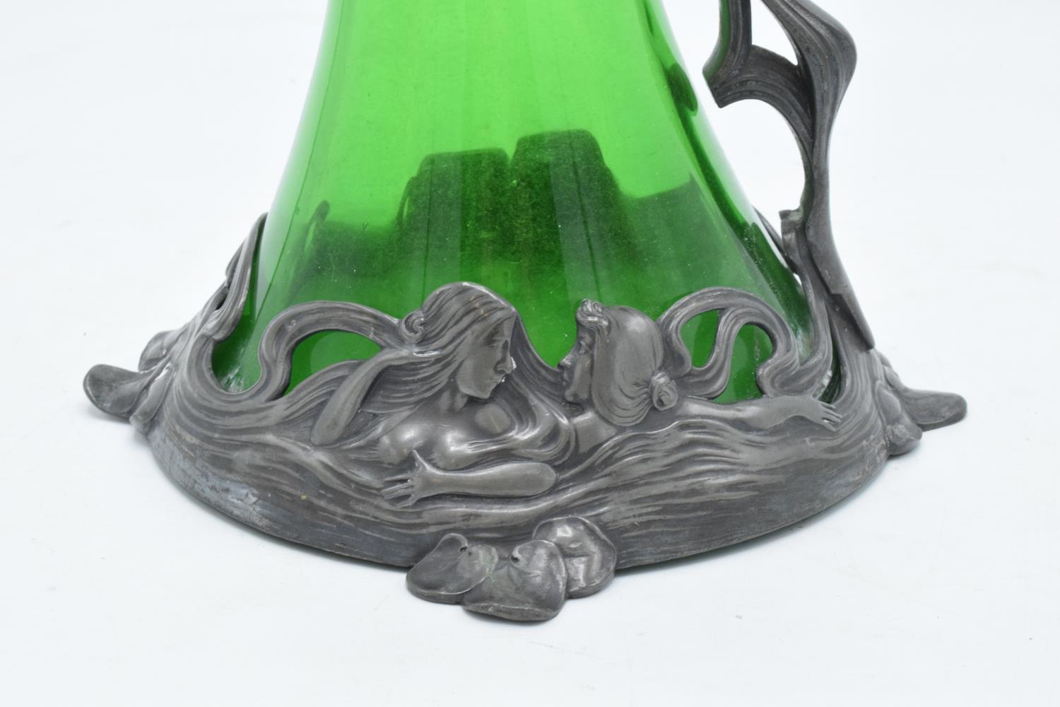 A WMF art nouveau pewter claret jug with threaded stopper, tapering green glass body and designed - Image 5 of 10