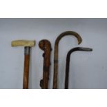 A collection of walking sticks and canes to include one with a bone handle and silver neck, a a