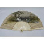 19th century bone/ ivory ladies folding fan depicting traditional scenes of a swan amongst foliage