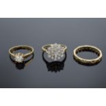 Three 9ct gold rings ? white stone cluster UK size O, single white stone size N/O and eternity