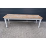 A grand 8ft long 20th century pine topped farmhouse table sat on baluster legs. Painted with a