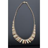 9ct tri-colour gold fringe necklace, made in Italy with UK import marks. 7.5 grams. 43cm long.