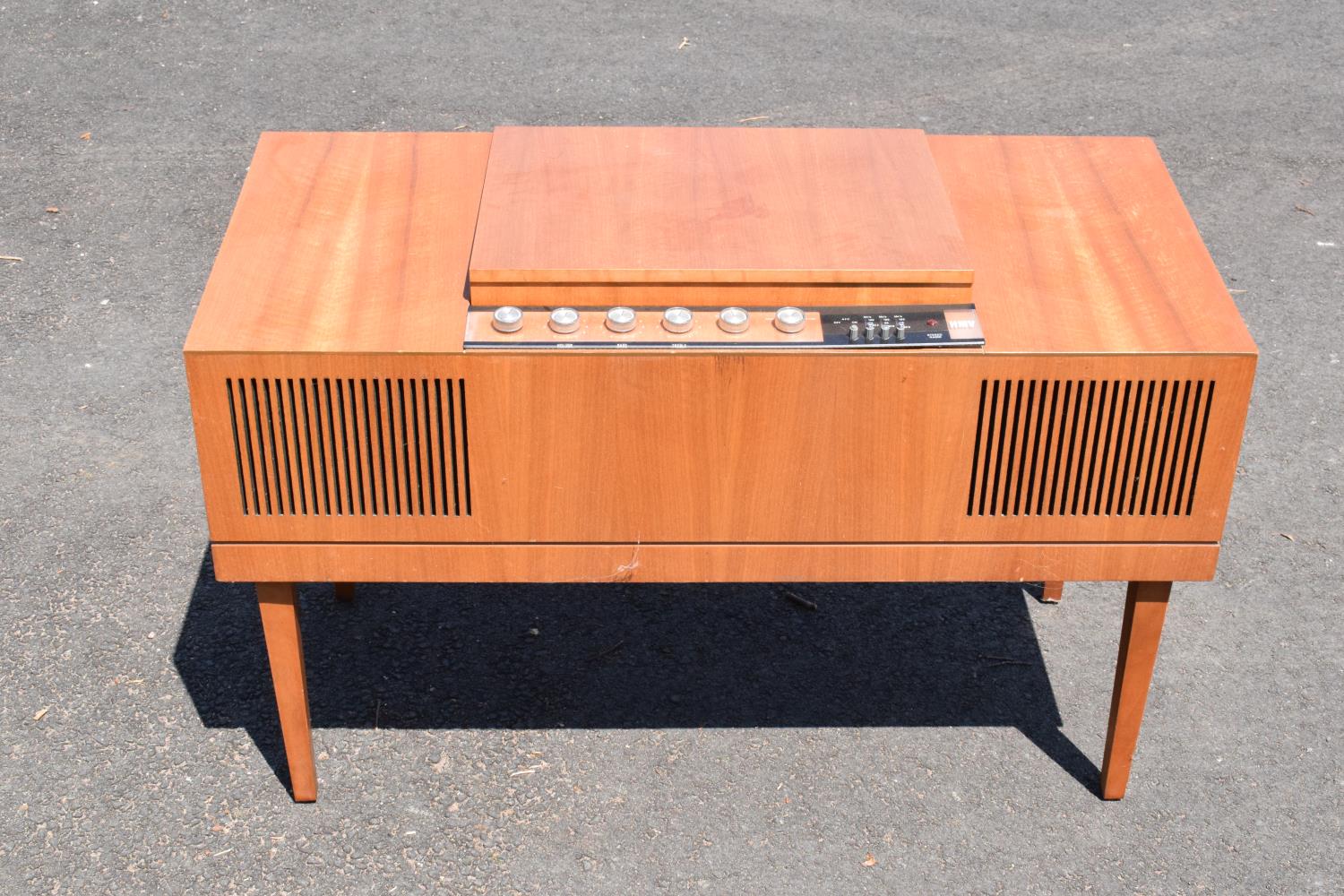 HMV teak radiogram unit. 96 x 44 x 60cm. In good condition with signs of age-related wear and
